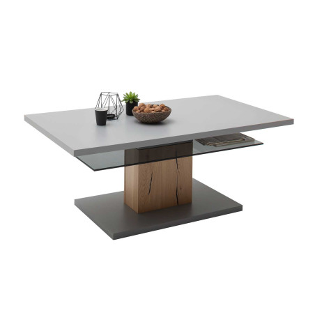 Table basse design laqué gris mat, chêne et verre fumé