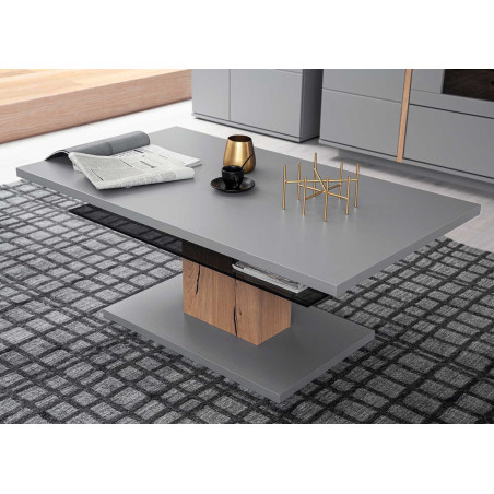 Table basse design laqué gris mat, chêne et verre fumé