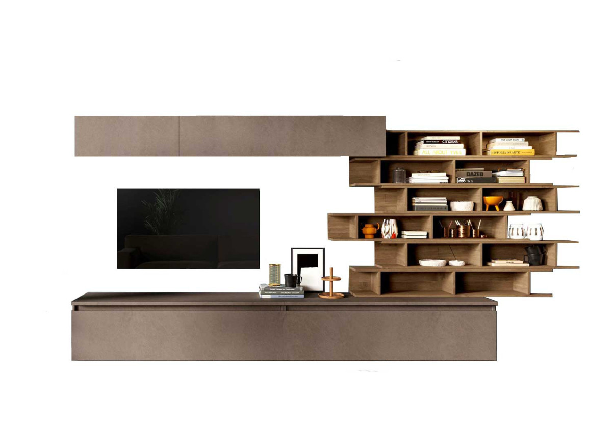 Ensemble tv mural design de salon bois foncé