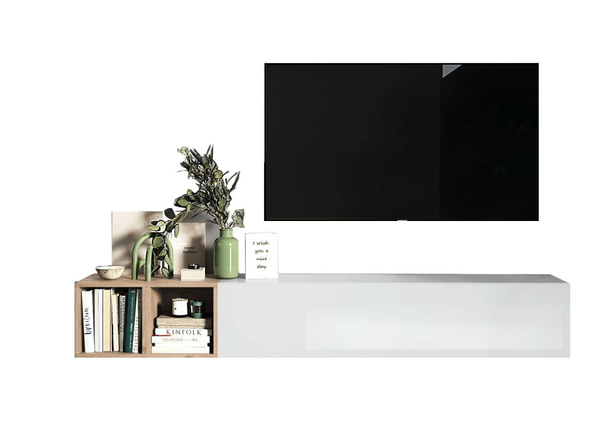 Meuble tv mural suspendu blanc et chêne design