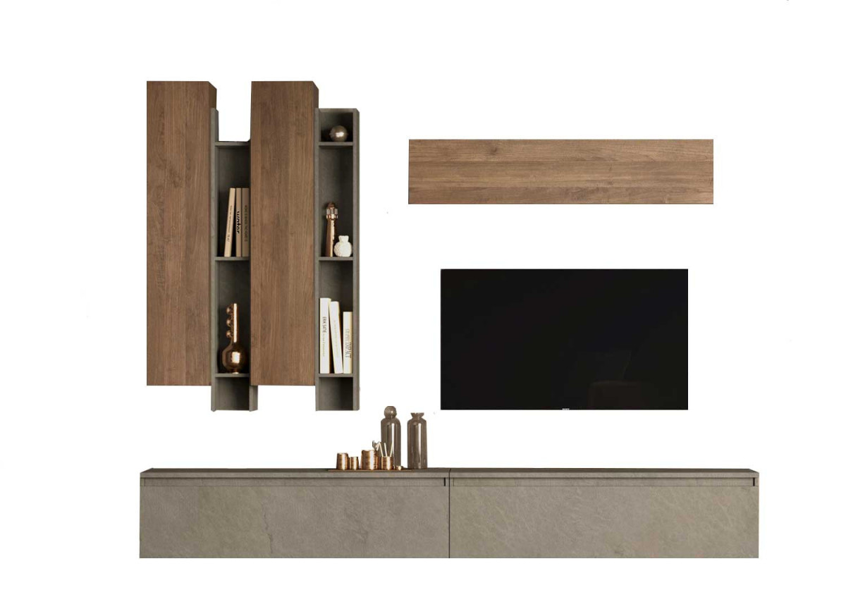 Composition tv avec rangements muraux en bois foncé