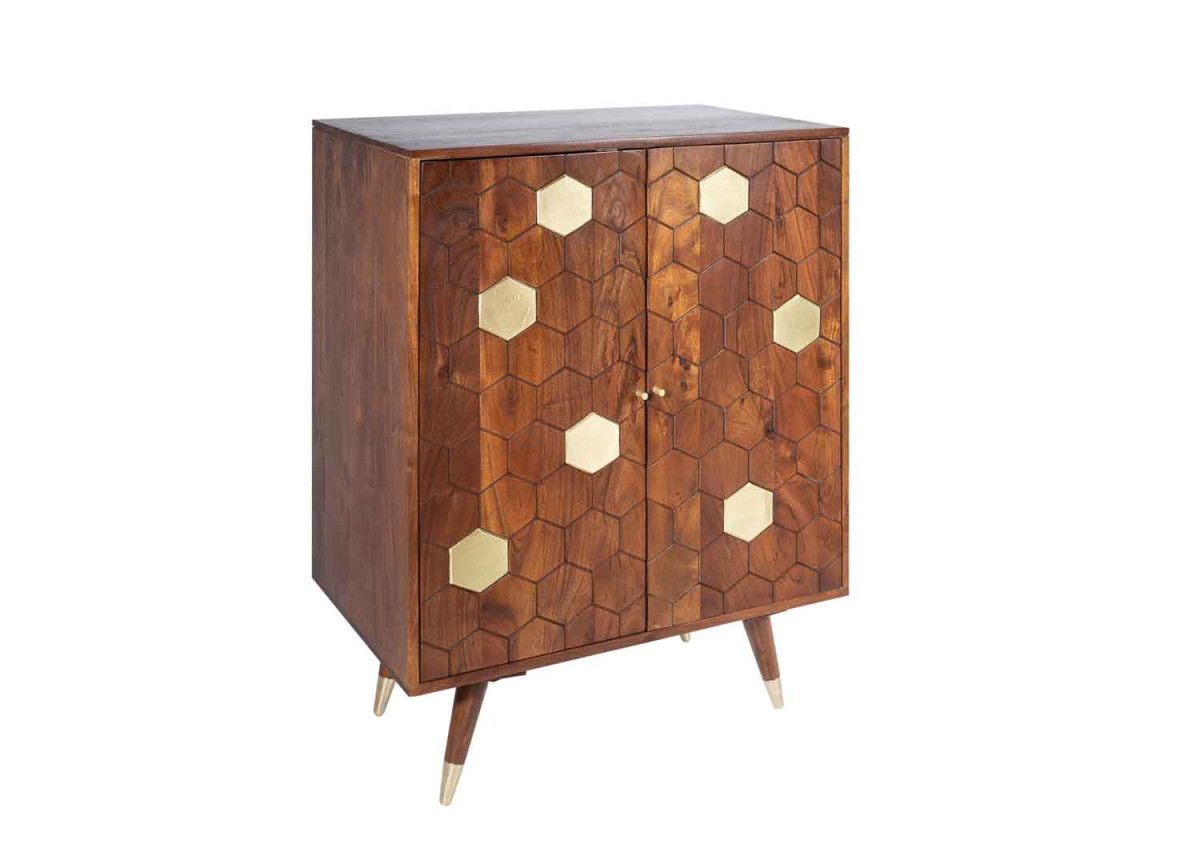 Meuble bar en bois d'acacia brun et déco doré Camille