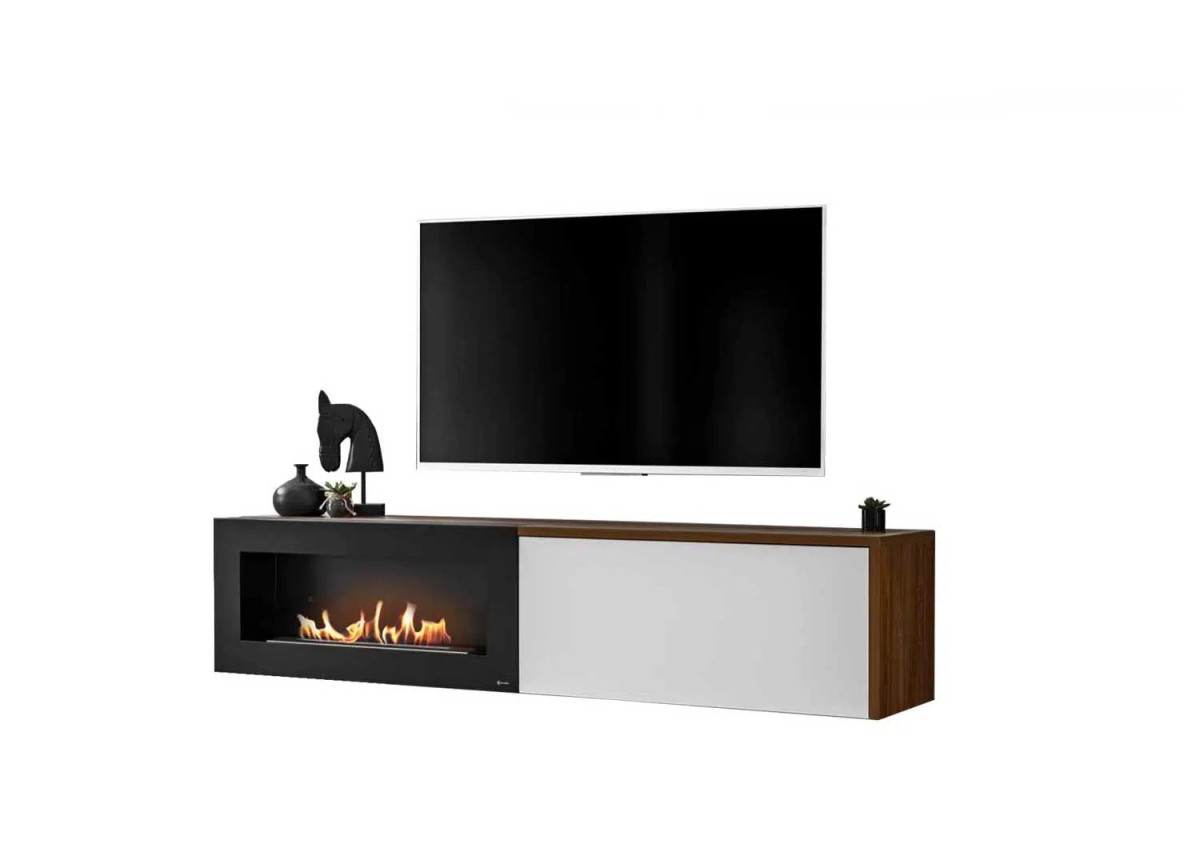 Meuble tv blanc et bois avec cheminée éthanol design