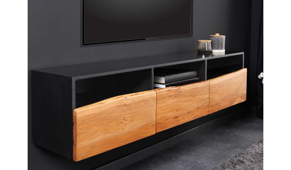 Meuble TV suspendu noir et bois 140 cm