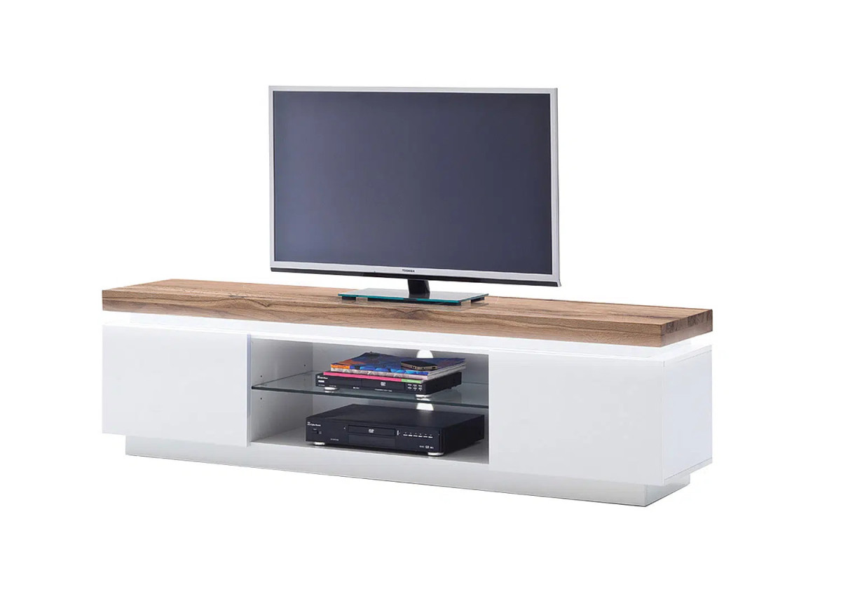 meuble tv blanc cassé laqué mat et bois de chêne à led