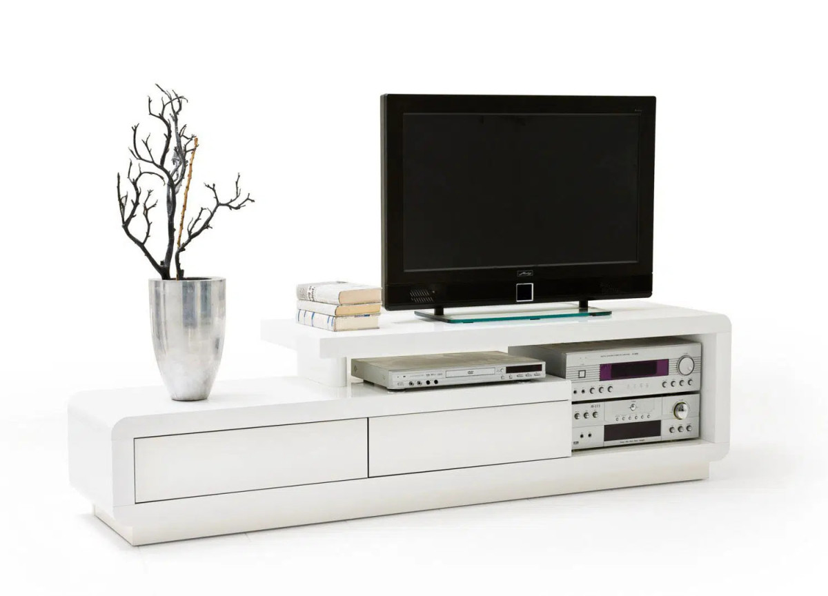 meuble tv moderne blanc laqué avec rangement hi-fis