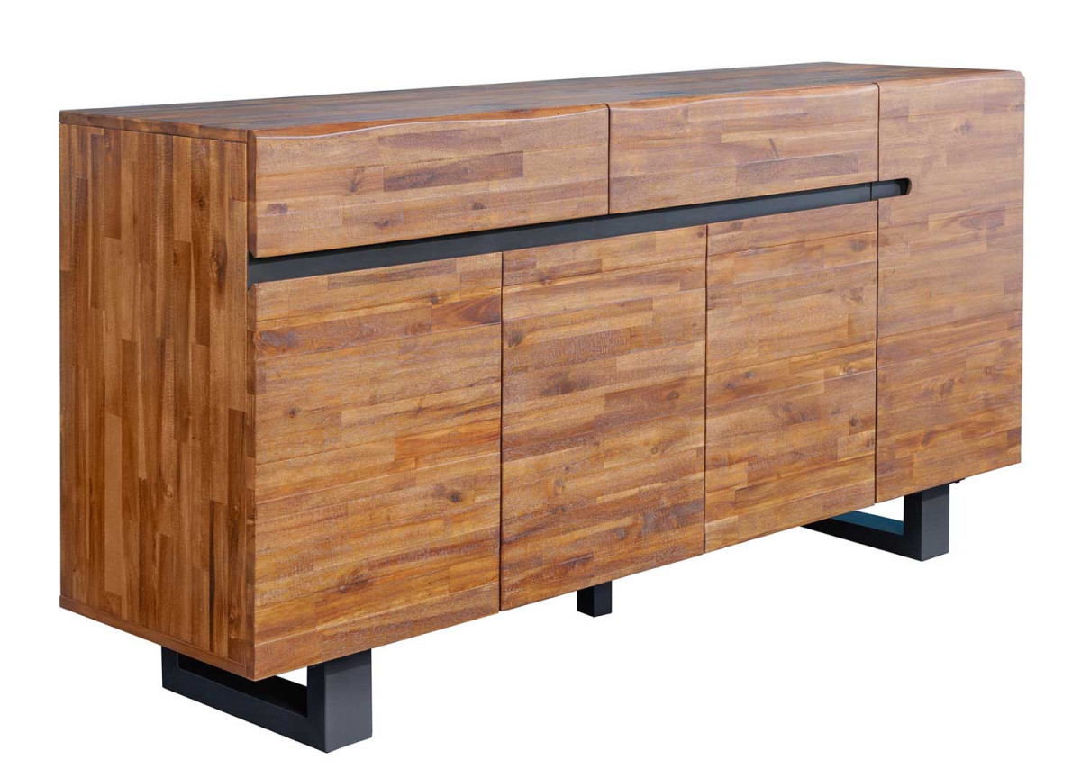 Buffet 170 cm 4 portes 2 tiroirs acacia foncé et métal