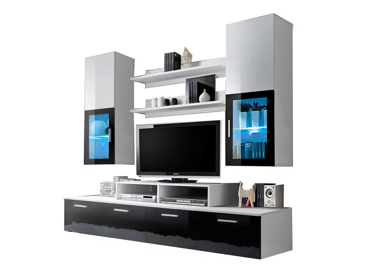 Meuble tv design blanc et noir laqué pas cher de salon