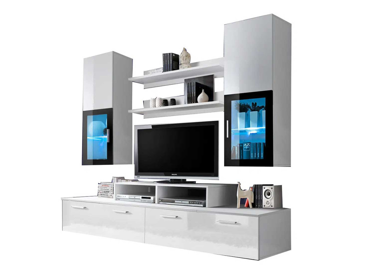 Meuble tv moderne blanc laqué avec éclairage led