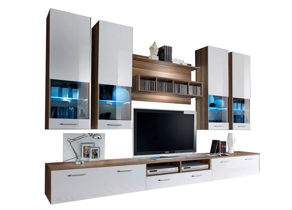 Ensemble-tv-design-blanc-et-noyer-de-salon-avec-éclairage-led