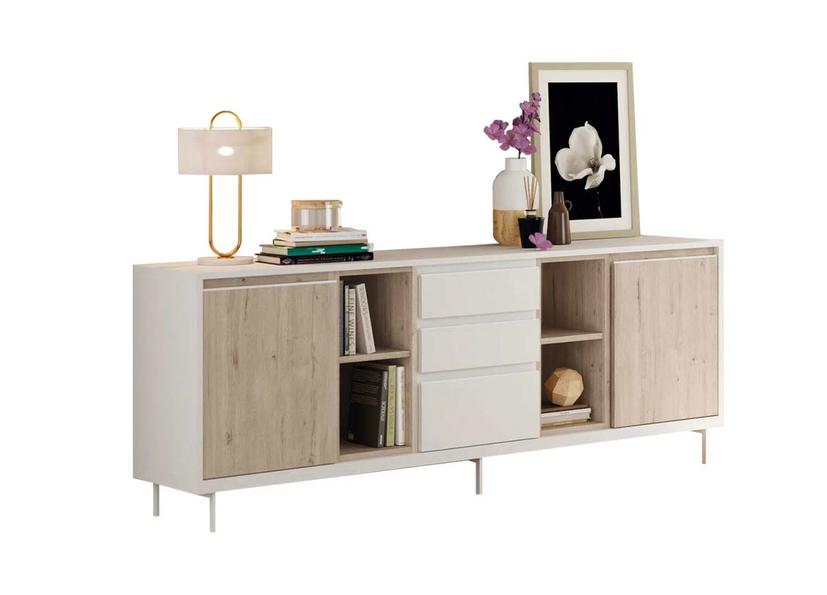 Buffet design 200 cm blanc et chêne Valéria