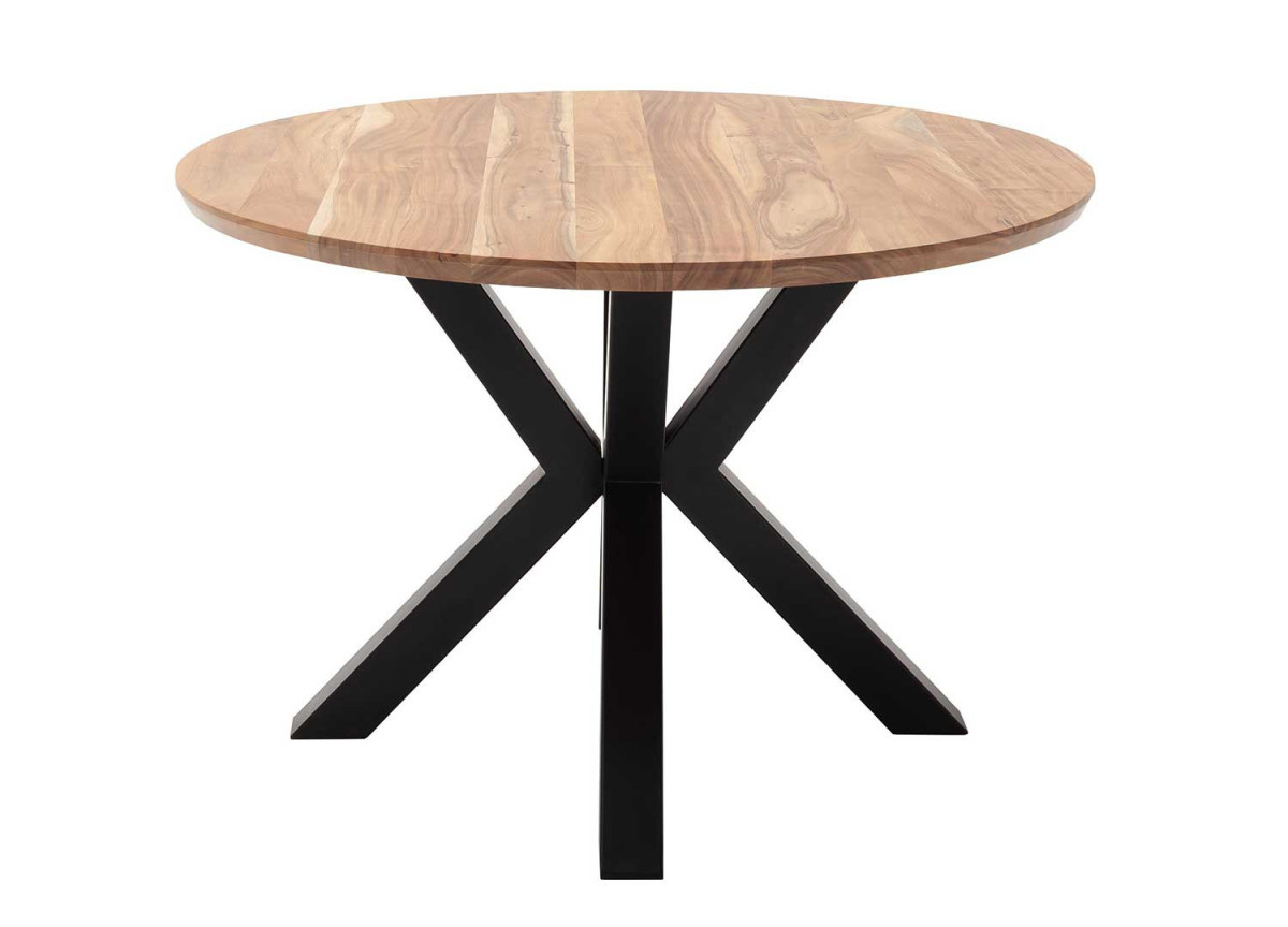 Table à manger ronde plateau en acacia et pied métal noir étoile