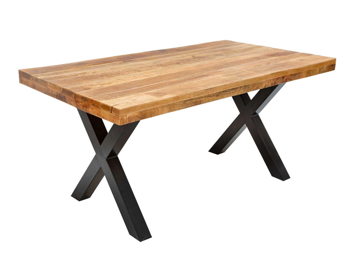 Table rectangulaire bois de manguier et pieds coisés métal noir