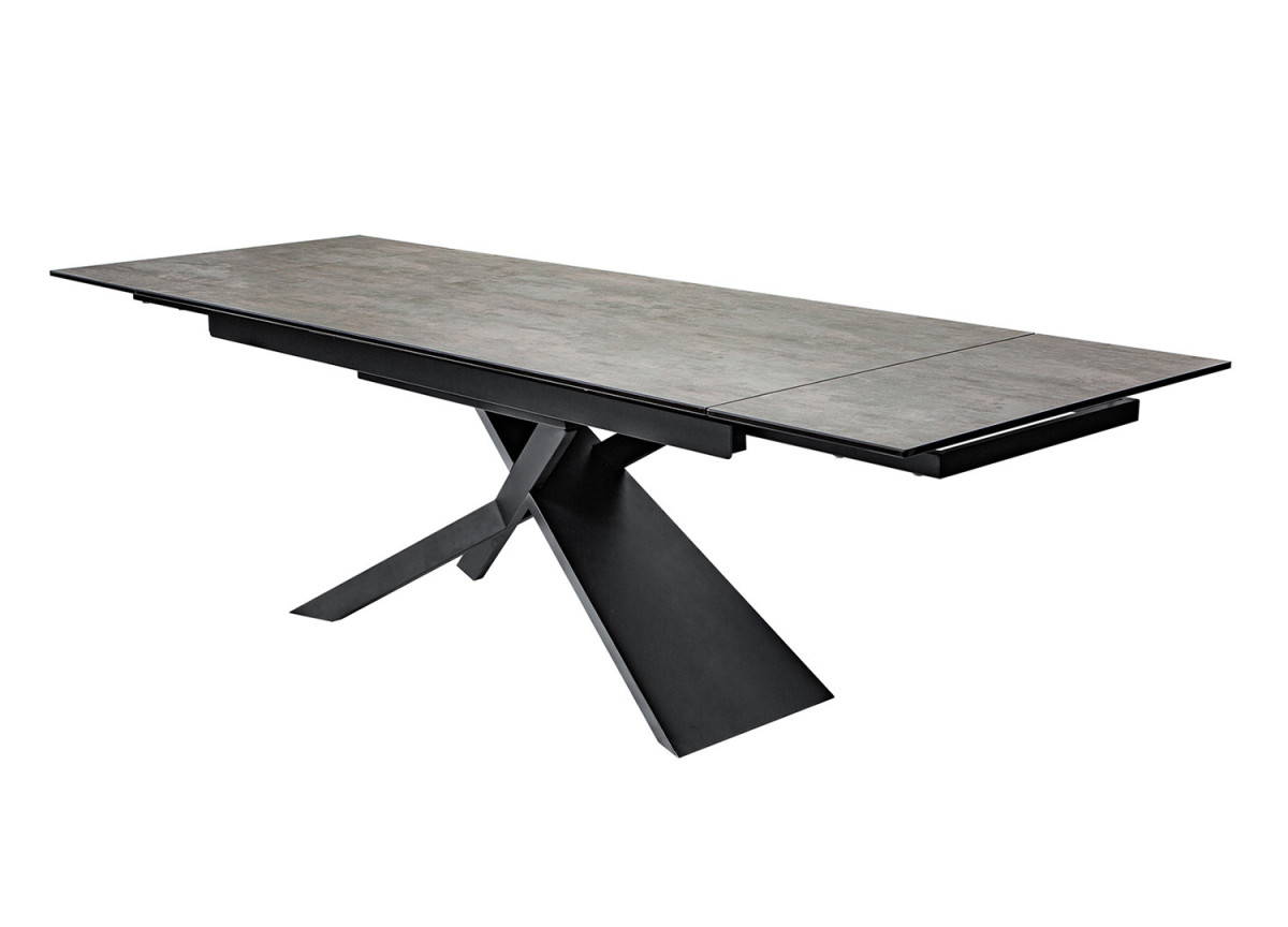 Table extensible en céramique avec allonge gris lave et pied central métal noir