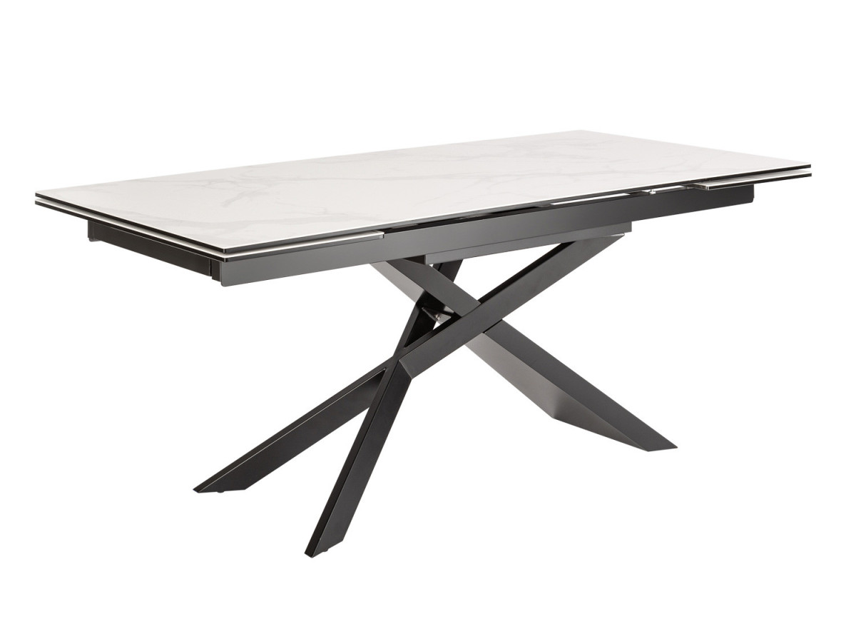 Table de salle à manger extensible plateau céramique effet marbre blanc et gris et pied central en métal noir