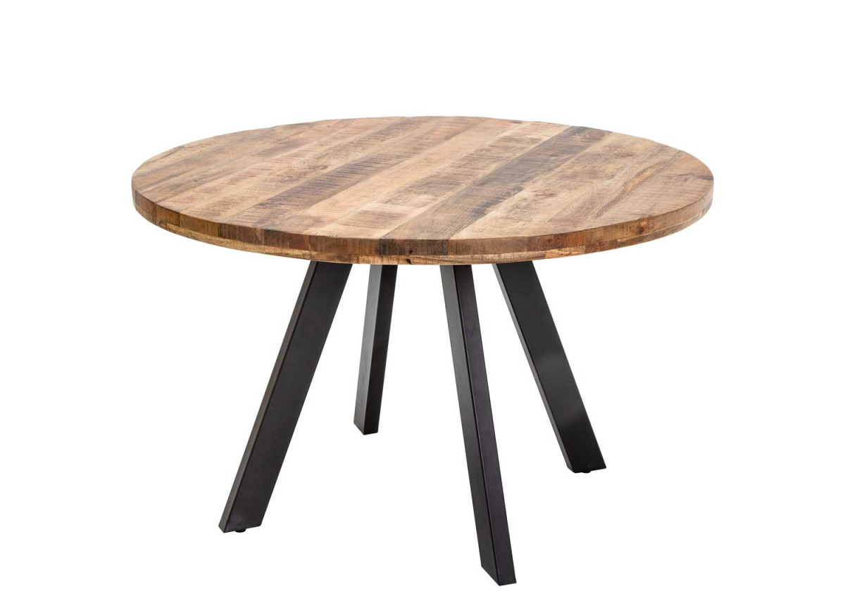 Table à manger ronde en bois de manguier et pieds en métal noir