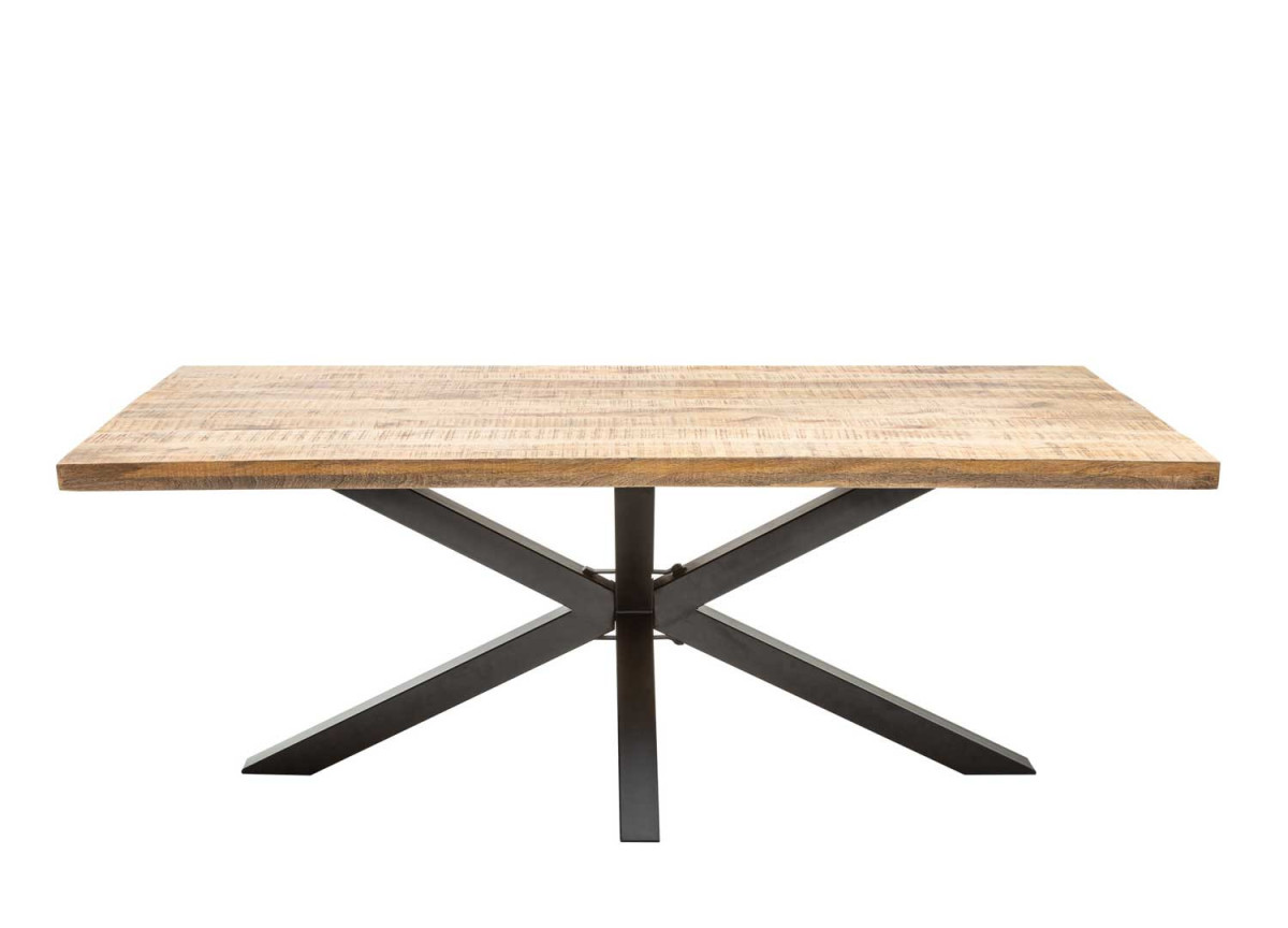 Table de salle à manger 180 cm bois de manguier clair et pied central étoile métal noir