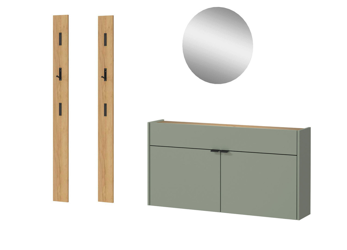 Mobilier moderne pour entrée vert sauge et chêne style minimaliste