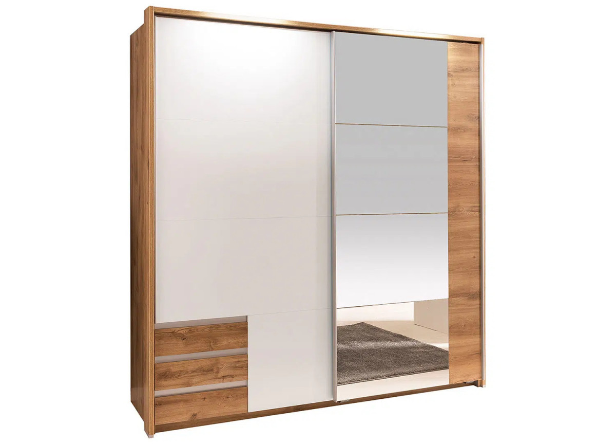 Armoire moderne en bois 2 portes coulissantes avec miroir blanche et chêne