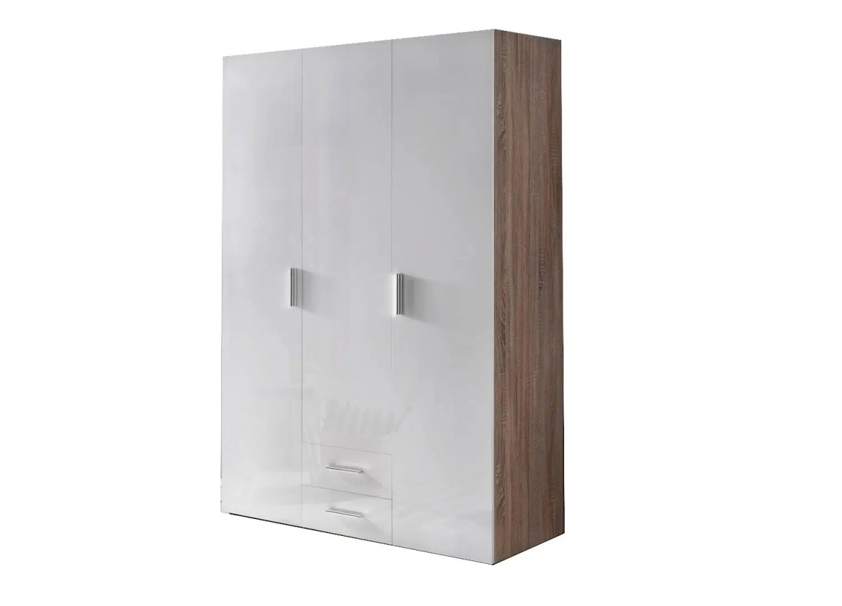 Armoire moderne blanc brillant et décor chêne 3 portes et 2 tiroirs