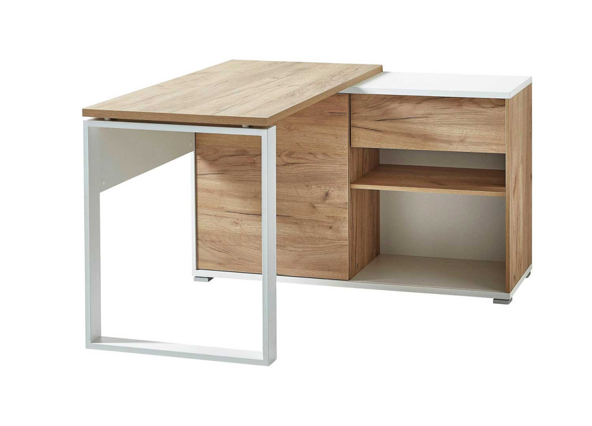 Meuble bureau d'angle en bois imitation chêne navarra et métal blanc