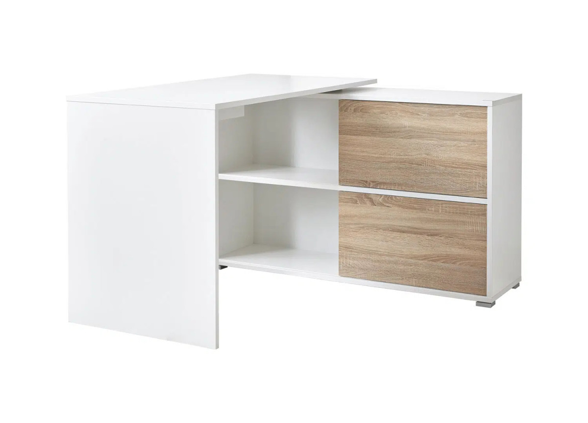 Bureau d'angle blanc et bois avec rangements intégrés