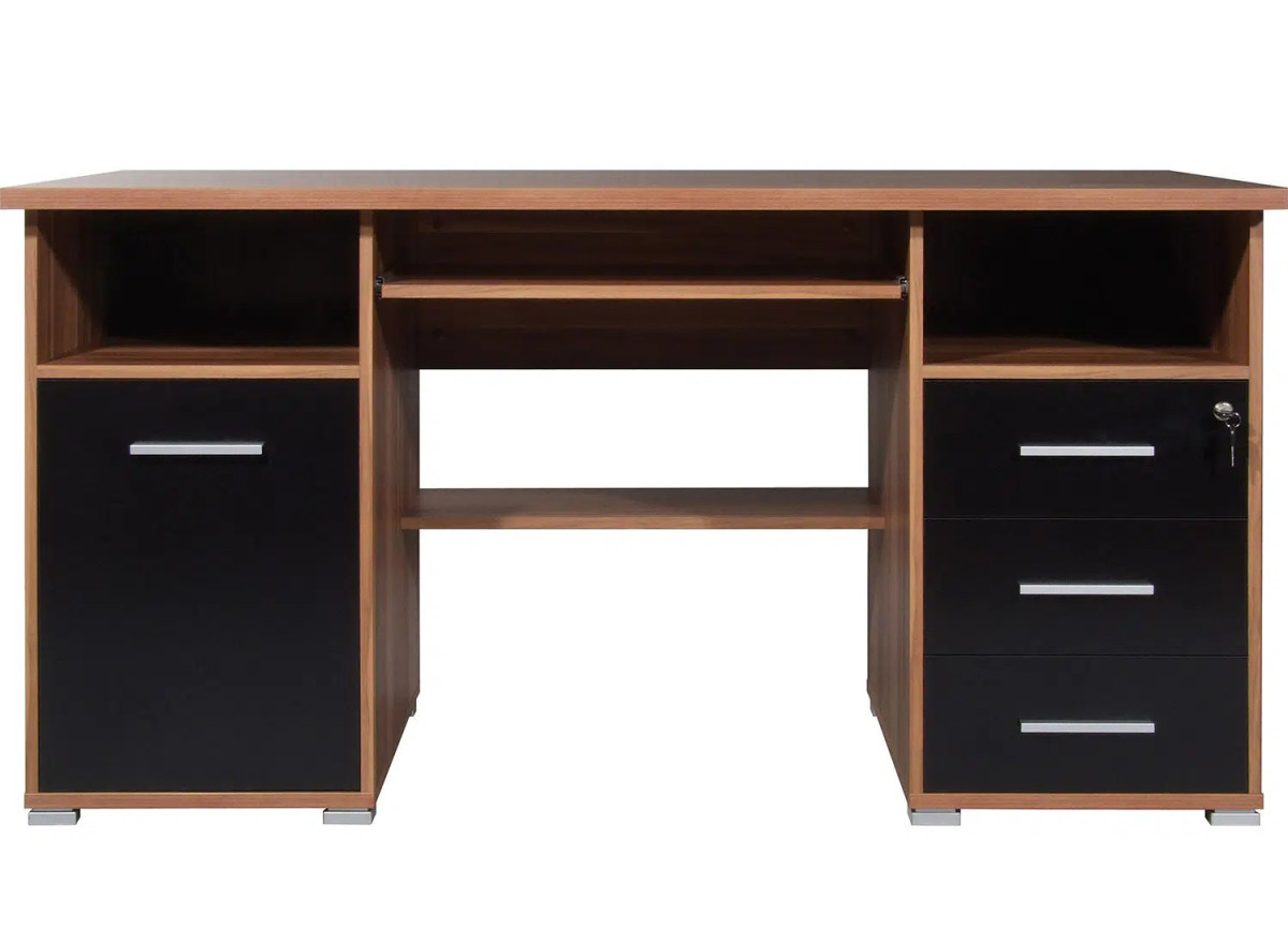 Bureau 145 cm avec rangements noir et noyer moderne