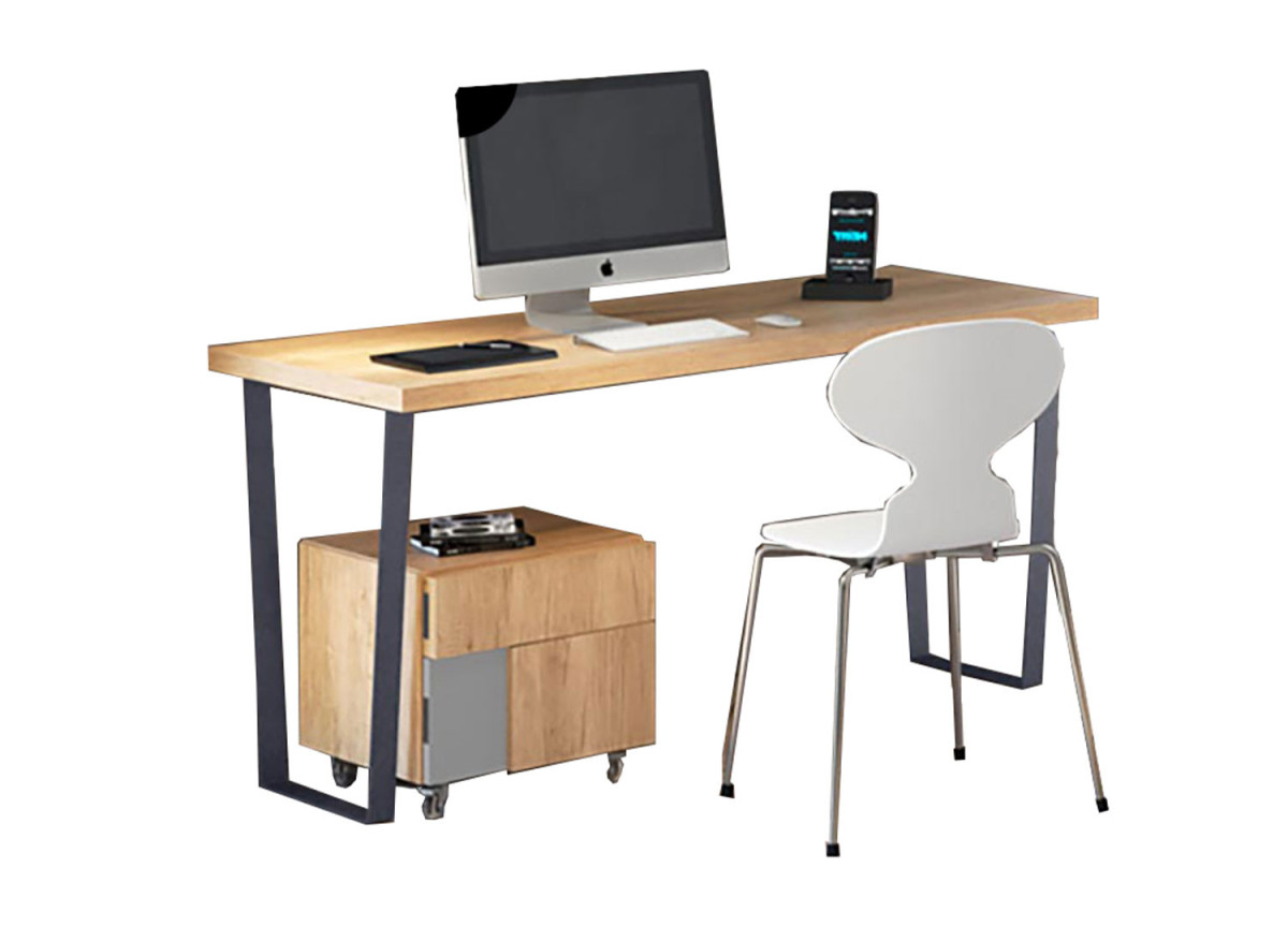 Bureau décor teck avec caisson 2 tiroirs