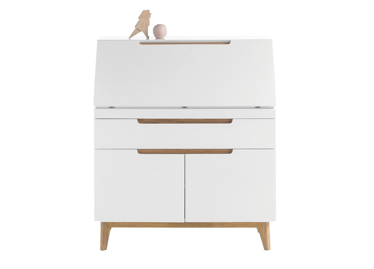 Bureau secrétaire blanc et bois avec rangements