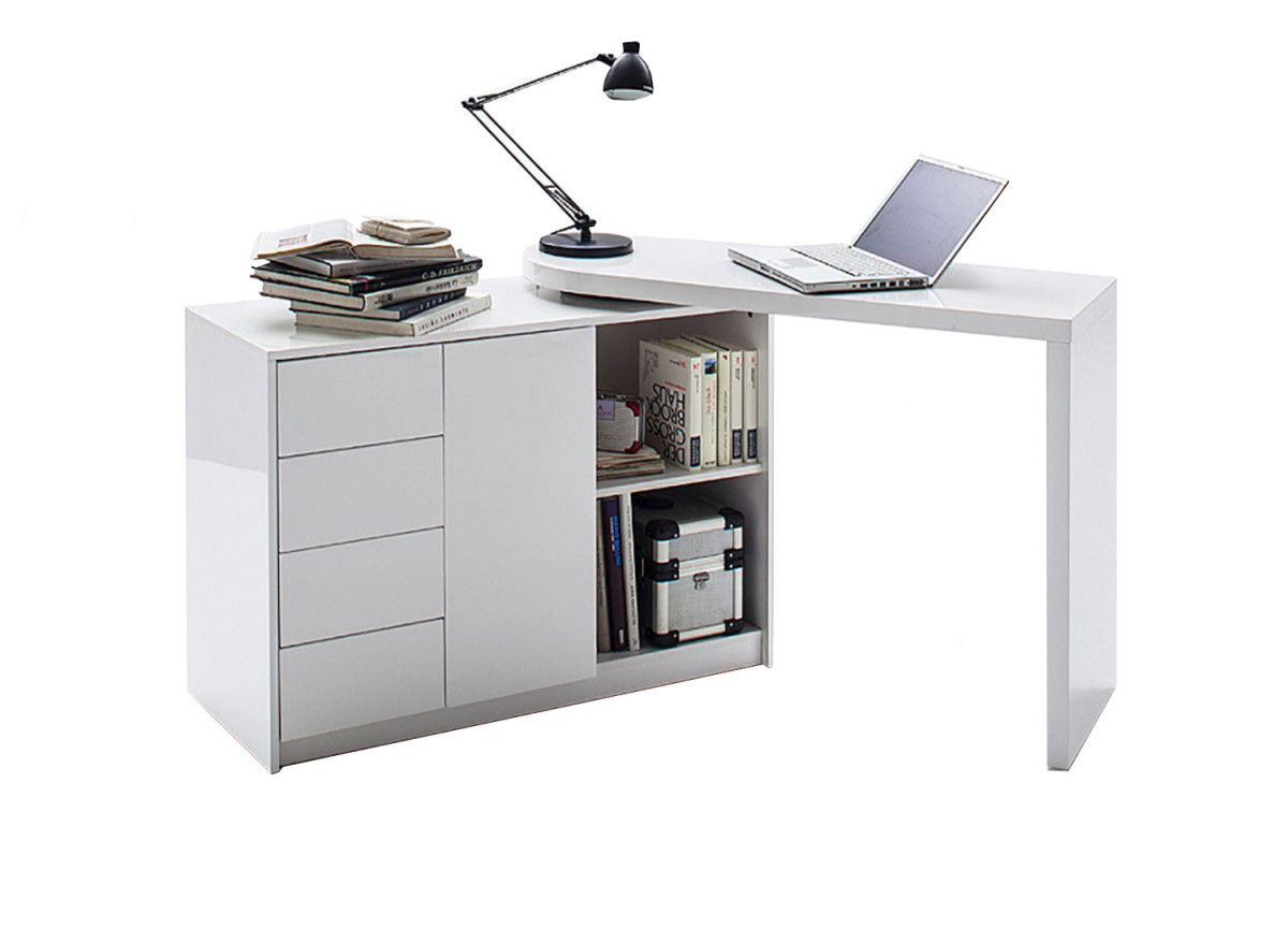 Bureau design blanc laqué brillant avec panneau pivotant