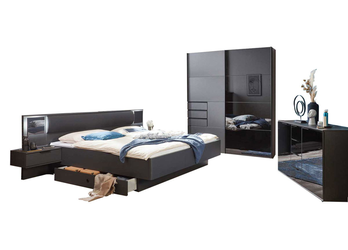 Mobilier design de chambre gris graphite et verre noir