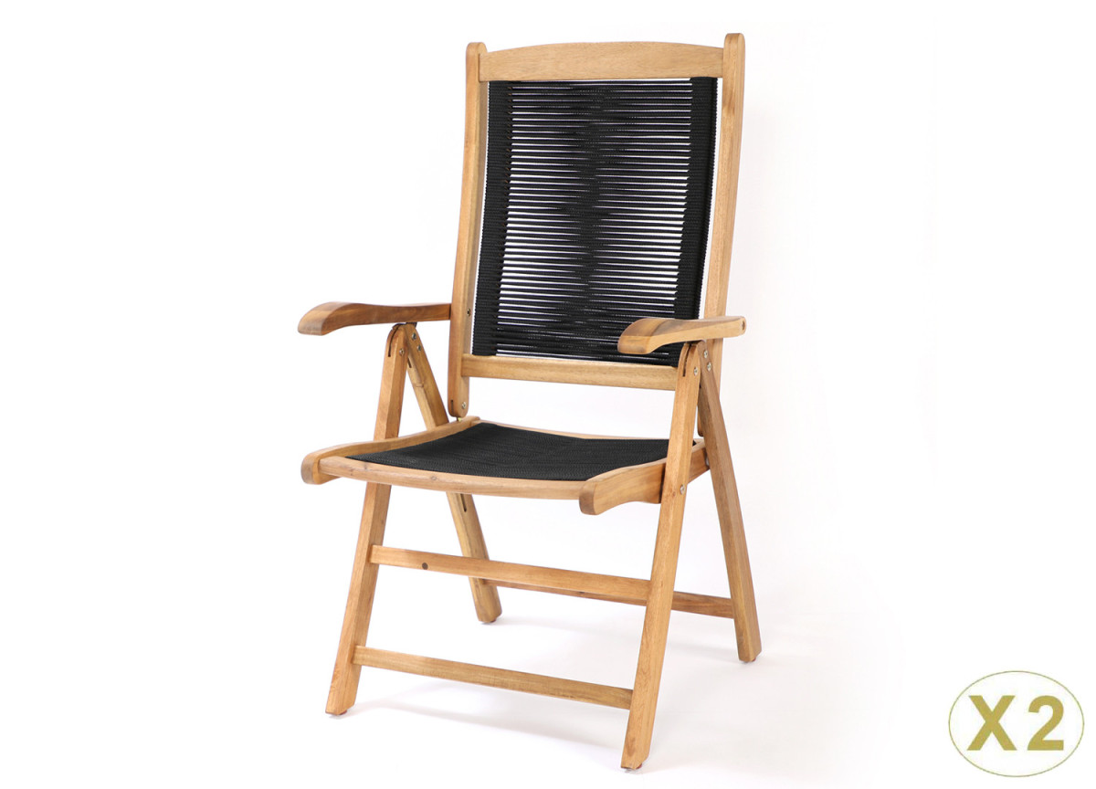 Chaises confortables pliantes en bois et corde filée noir Peter