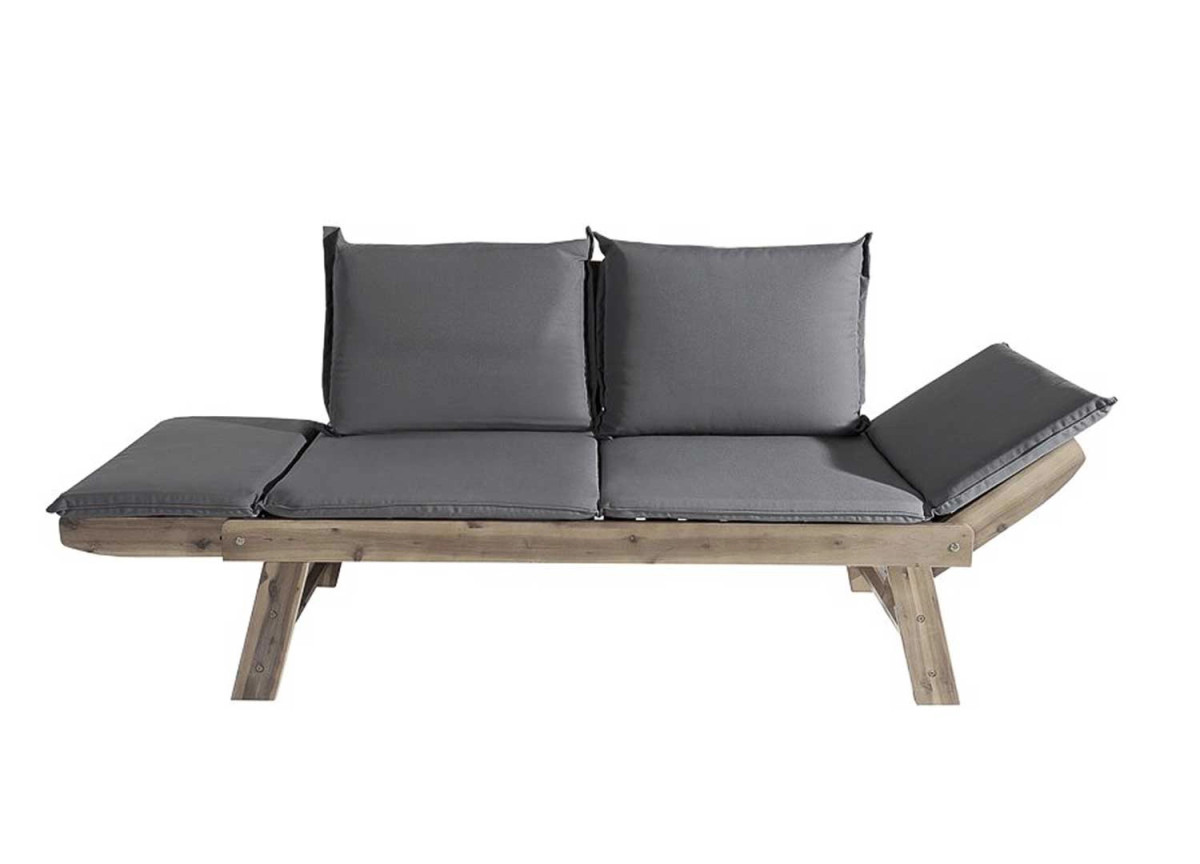 Banc de jardin en bois acacia grisé avec coussin Gary