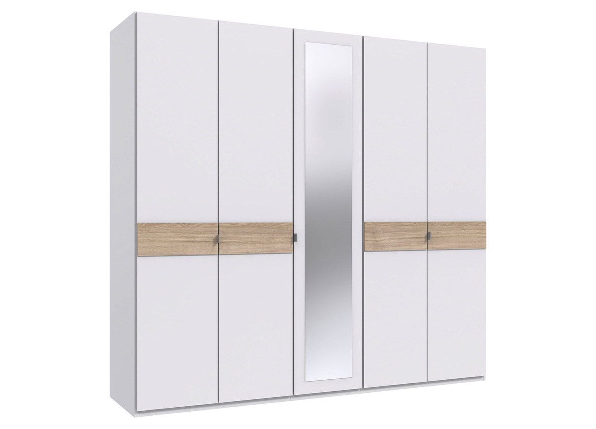 Armoire moderne blanche et chêne de 5 portes dont 1 avec miroir