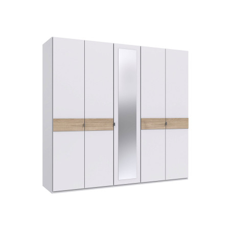 Armoire moderne blanche et chêne de 5 portes dont 1 avec miroir