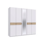 Armoire moderne blanche et chêne de 5 portes dont 1 avec miroir