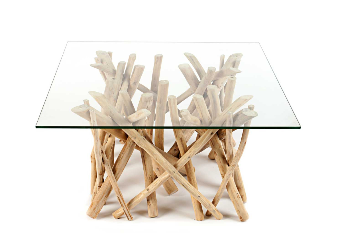 Table basse en verre piétement en bois flotté Justine