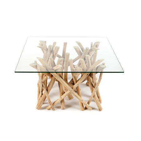 Table basse en verre piétement en bois flotté Justine