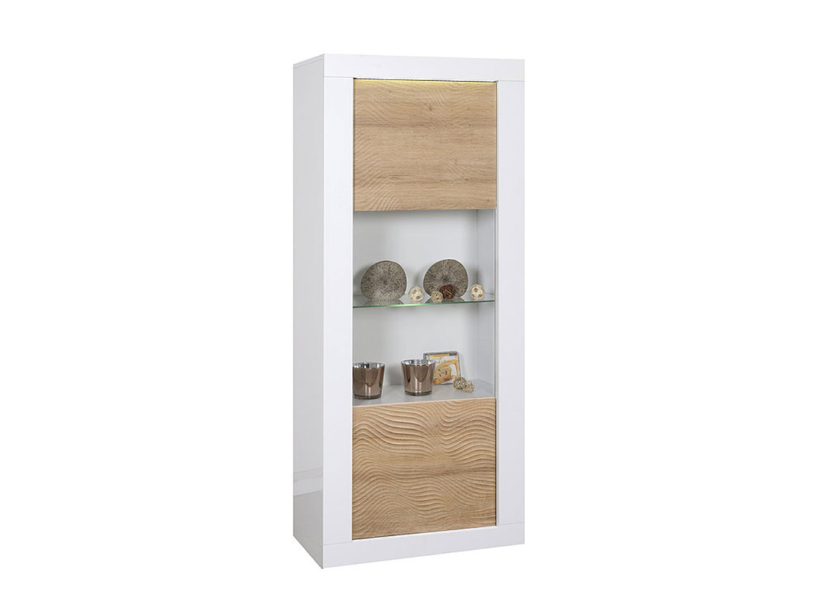 Vitrine design blanche / bois avec reliefs et éclairage LED Karma