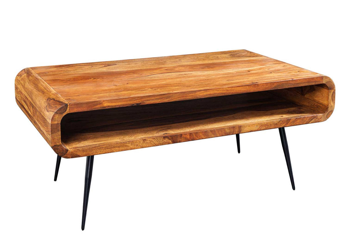 Table basse rétro pieds en métal noir et plateau en bois