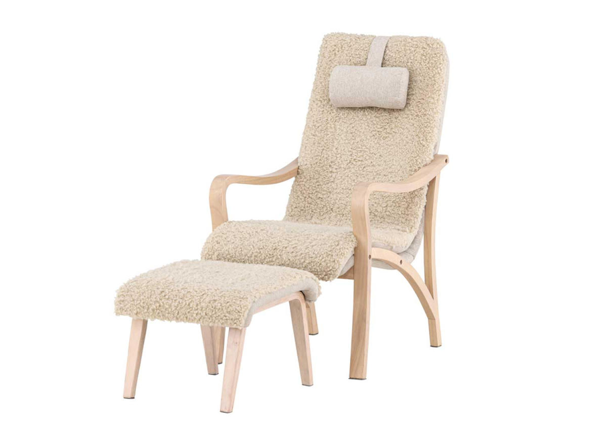 Fauteuil scandinave avec repose-pieds tissu bouclé Faro