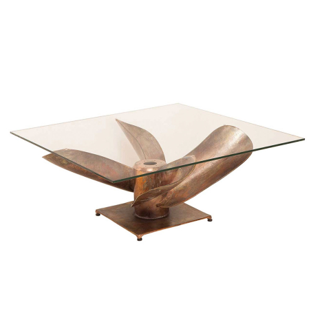 Table basse originale socle hélice de bateau et plateau en verre carré 85 cm