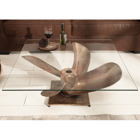 Table basse originale socle hélice de bateau et plateau en verre 85 cm