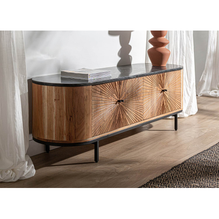 Meuble TV 170 cm acacia et marbre noir veiné Tirza