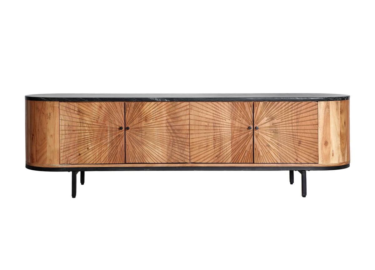 Meuble TV 170 cm acacia et marbre noir veiné Tirza