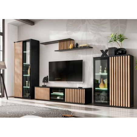 Ensemble meuble TV et vitrines avec LED noir et bois Cameron