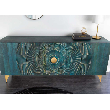 Buffet design en bois de manguier sculpté turquoise