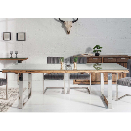 Table de repas moderne en verre et bois massif