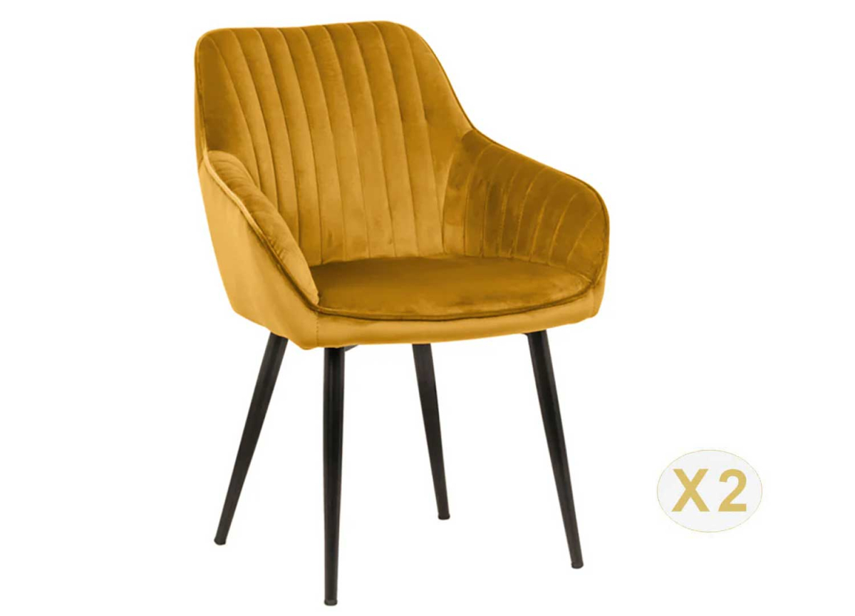 Lot de chaises modernes en velours jaune avec accoudoirs