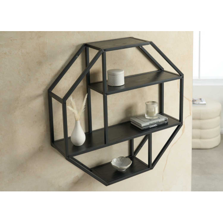 Étagère moderne hexagonale murale noire et bois foncé